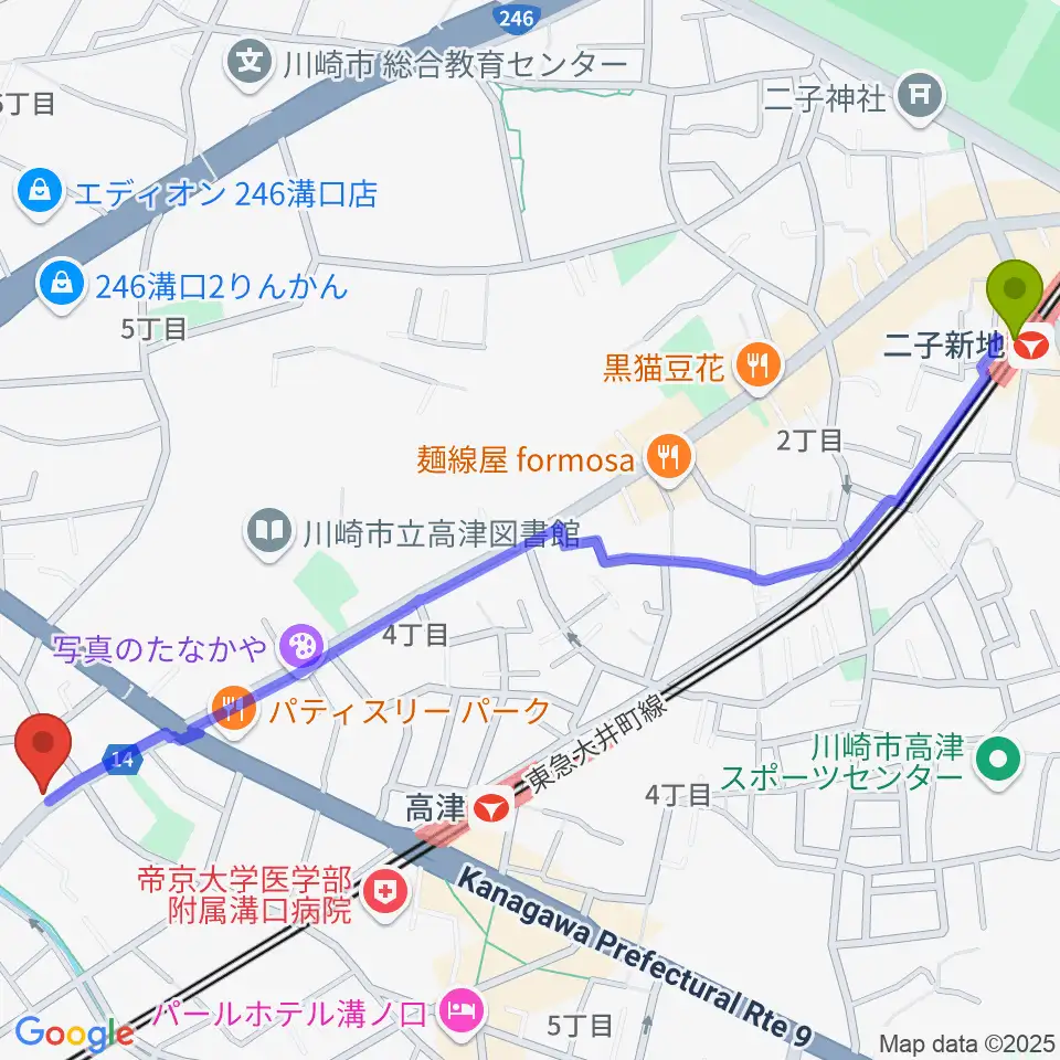 二子新地駅から川崎市大山街道ふるさと館へのルートマップ地図