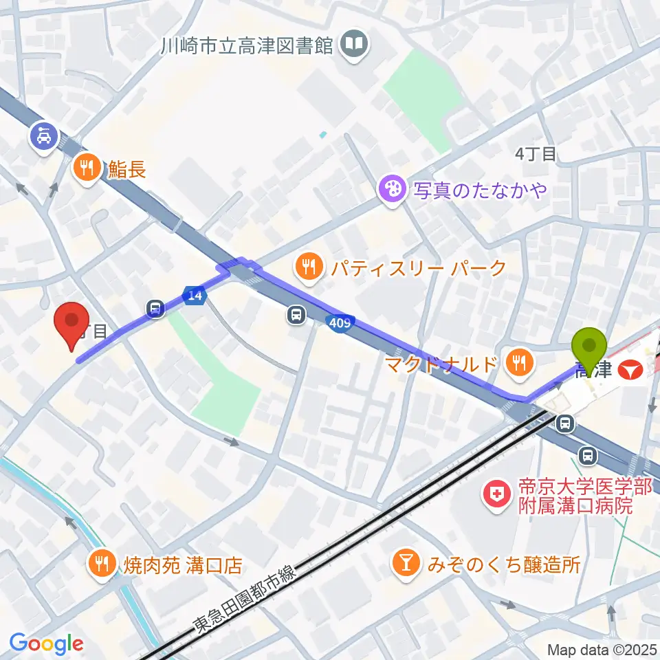 川崎市大山街道ふるさと館の最寄駅高津駅からの徒歩ルート（約6分）地図