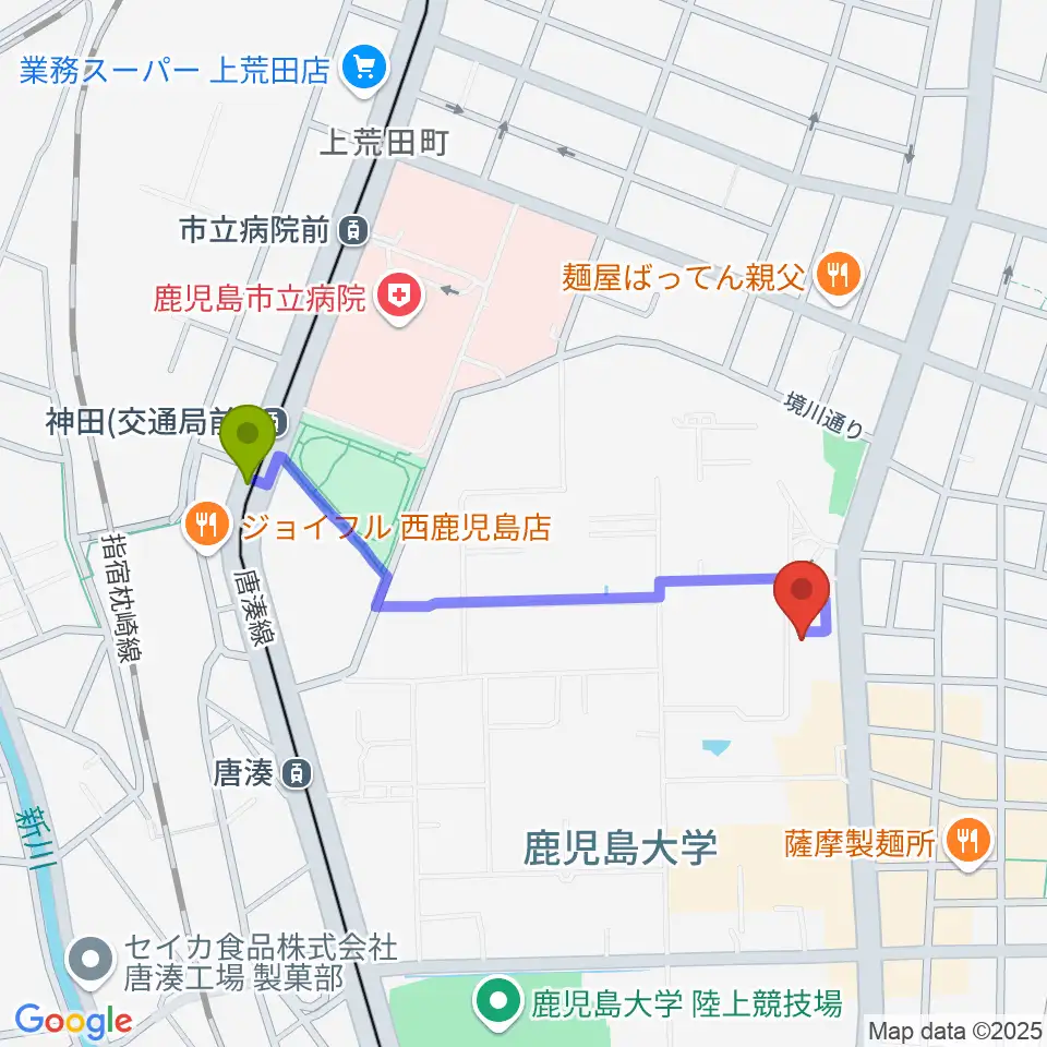 神田（交通局前）駅から鹿児島大学総合研究博物館へのルートマップ地図