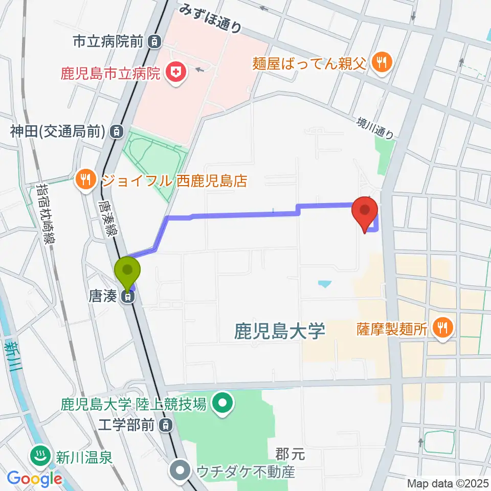 鹿児島大学総合研究博物館の最寄駅唐湊駅からの徒歩ルート（約8分）地図
