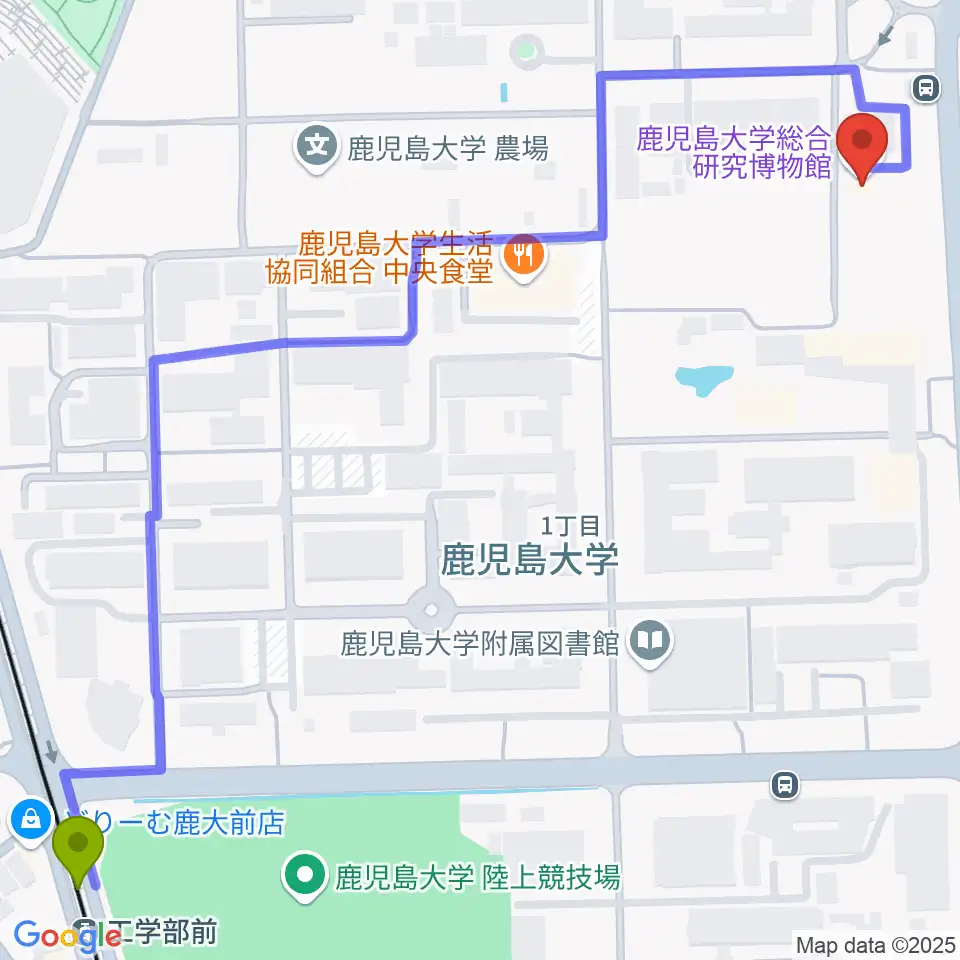 工学部前駅から鹿児島大学総合研究博物館へのルートマップ地図