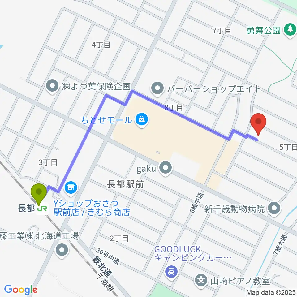 ゆうまいピアノ教室の最寄駅長都駅からの徒歩ルート（約11分）地図
