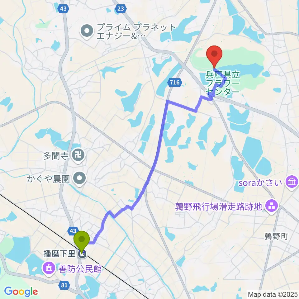 古代鏡展示館の最寄駅播磨下里駅からの徒歩ルート（約48分）地図