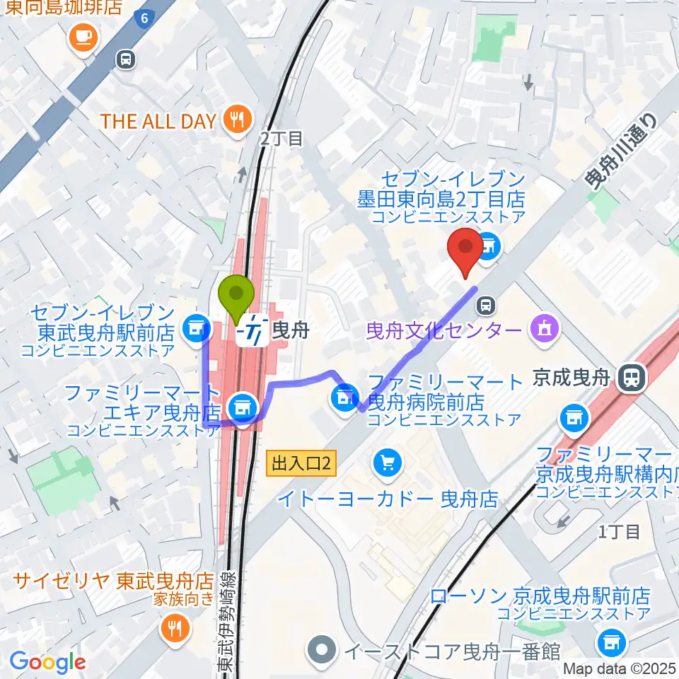 曳舟駅からビートウェーブスタジオへのルートマップ地図