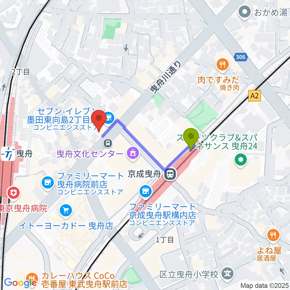 ビートウェーブスタジオの最寄駅京成曳舟駅からの徒歩ルート（約3分）地図