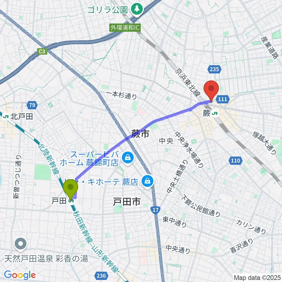 戸田駅からRhythm Nekoへのルートマップ地図