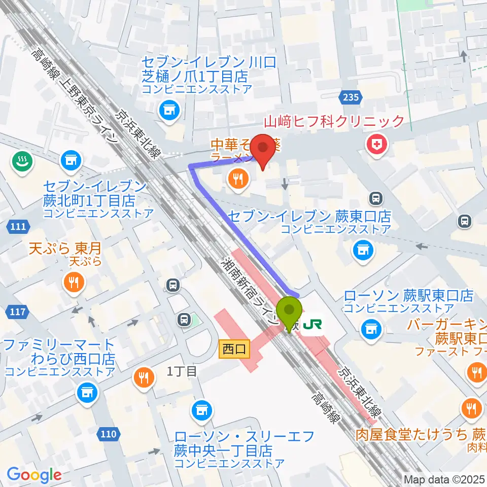 Rhythm Nekoの最寄駅蕨駅からの徒歩ルート（約3分）地図