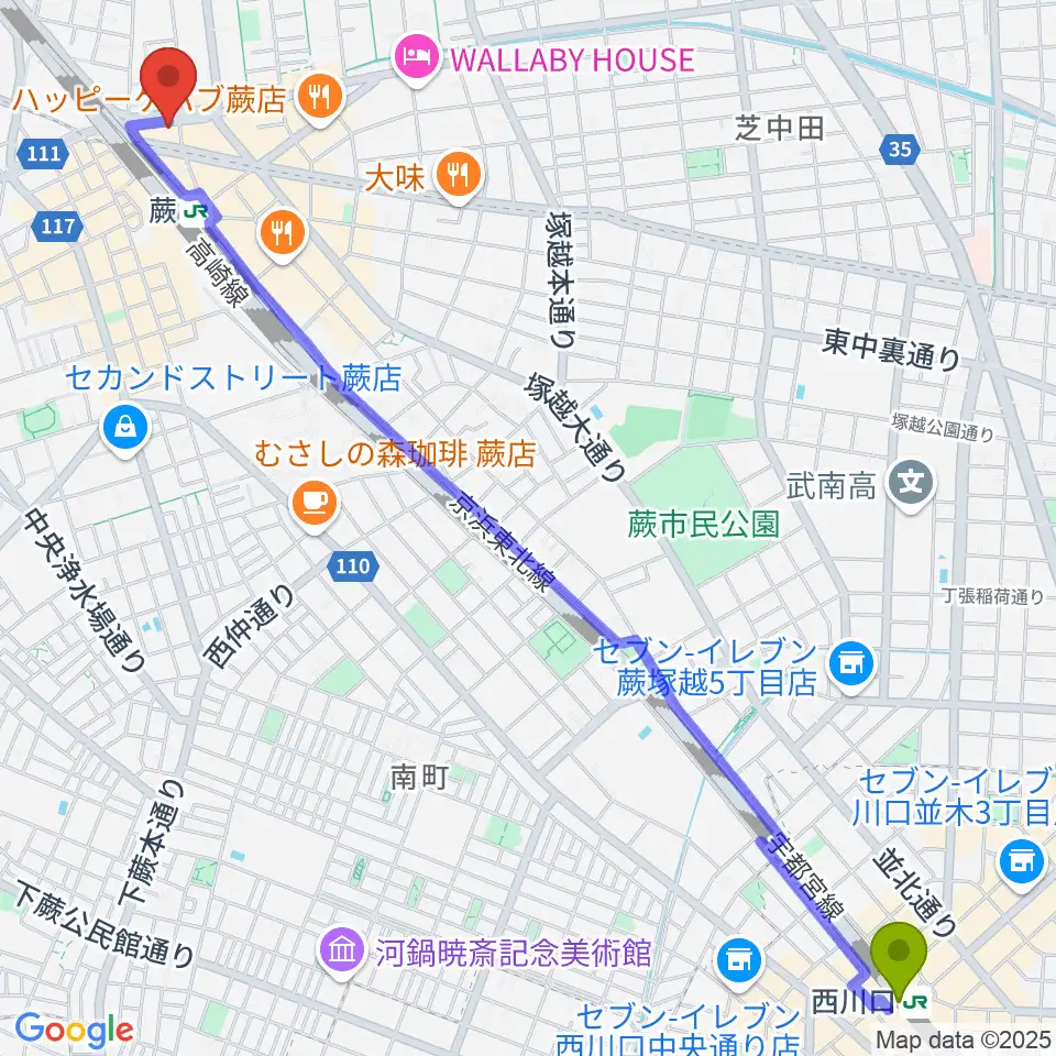西川口駅からRhythm Nekoへのルートマップ地図