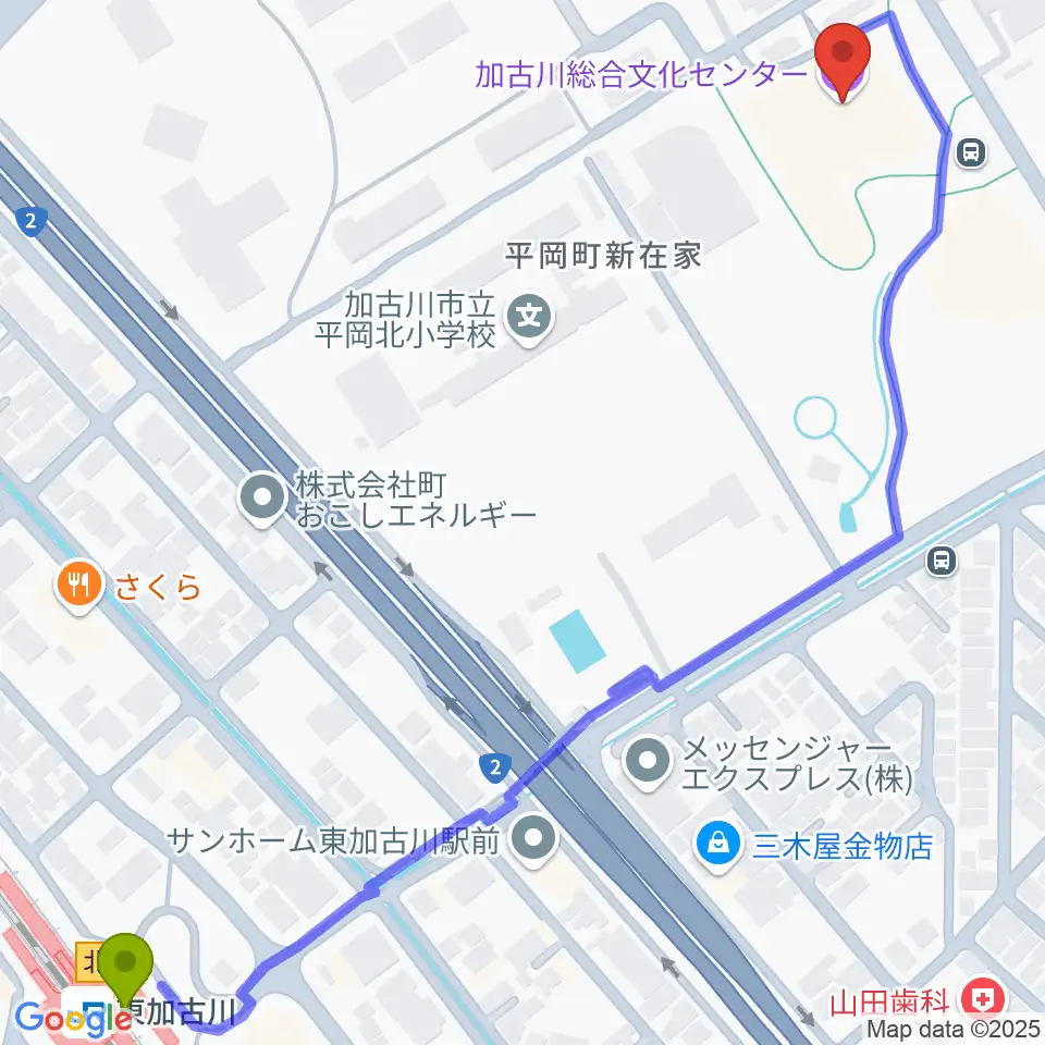 加古川総合文化センターの最寄駅東加古川駅からの徒歩ルート（約9分）地図