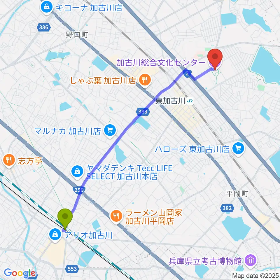 別府駅から加古川総合文化センターへのルートマップ地図