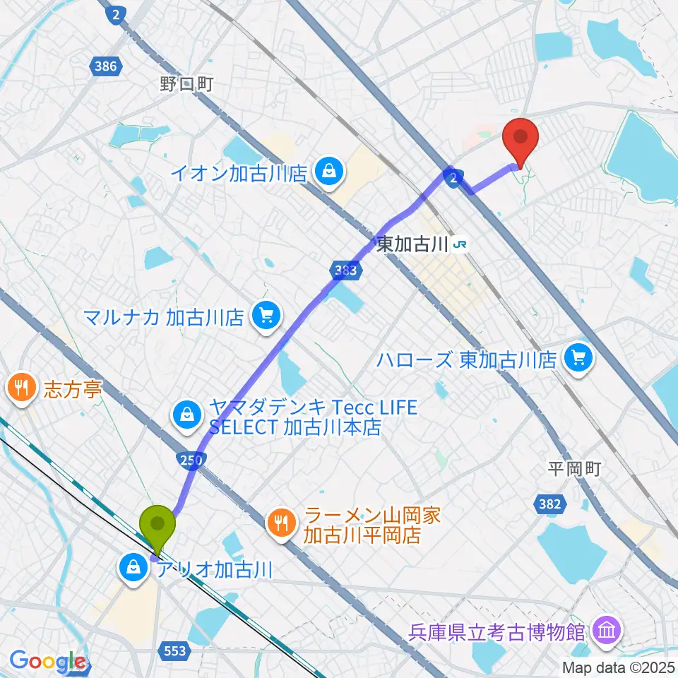 別府駅から加古川総合文化センターへのルートマップ地図