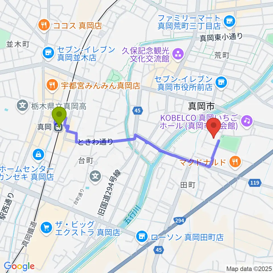 真岡トクシン総合体育館の最寄駅真岡駅からの徒歩ルート（約17分）地図