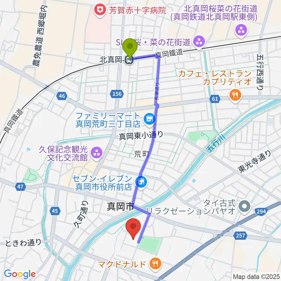 北真岡駅から真岡トクシン総合体育館へのルートマップ地図