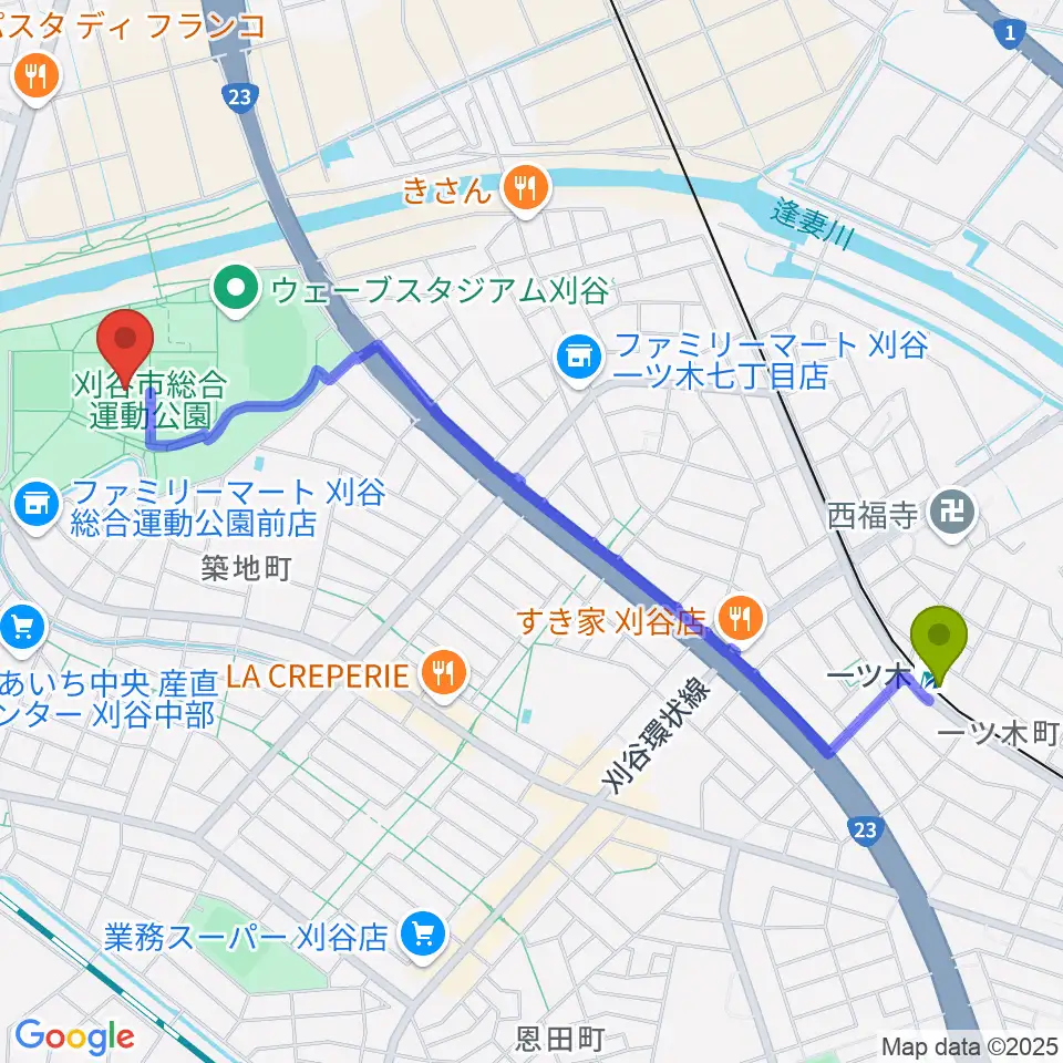 一ツ木駅からグリーングラウンド刈谷へのルートマップ地図
