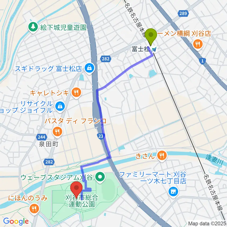 グリーングラウンド刈谷の最寄駅富士松駅からの徒歩ルート（約23分）地図