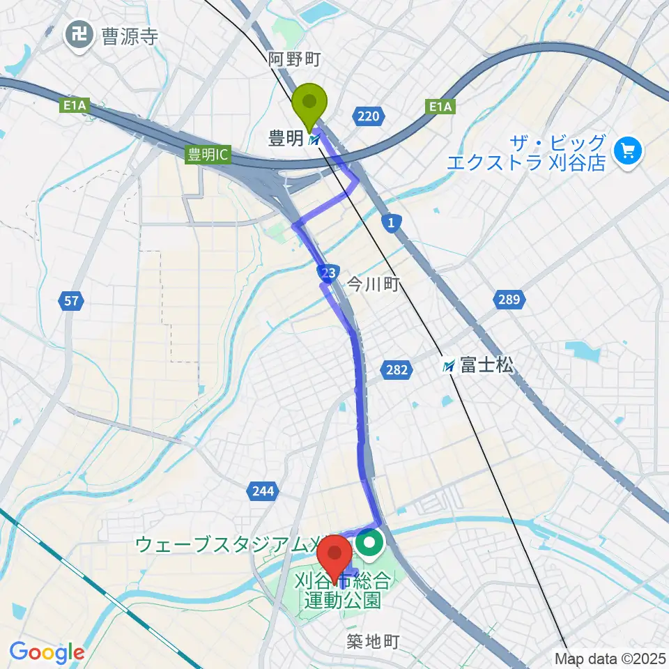 豊明駅からグリーングラウンド刈谷へのルートマップ地図