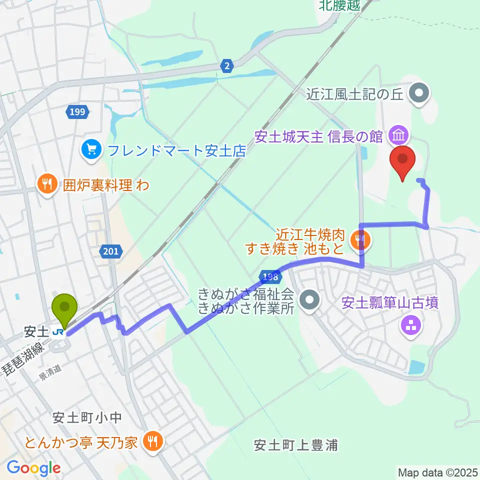 安土文芸の郷グラウンドの最寄駅安土駅からの徒歩ルート（約24分）地図