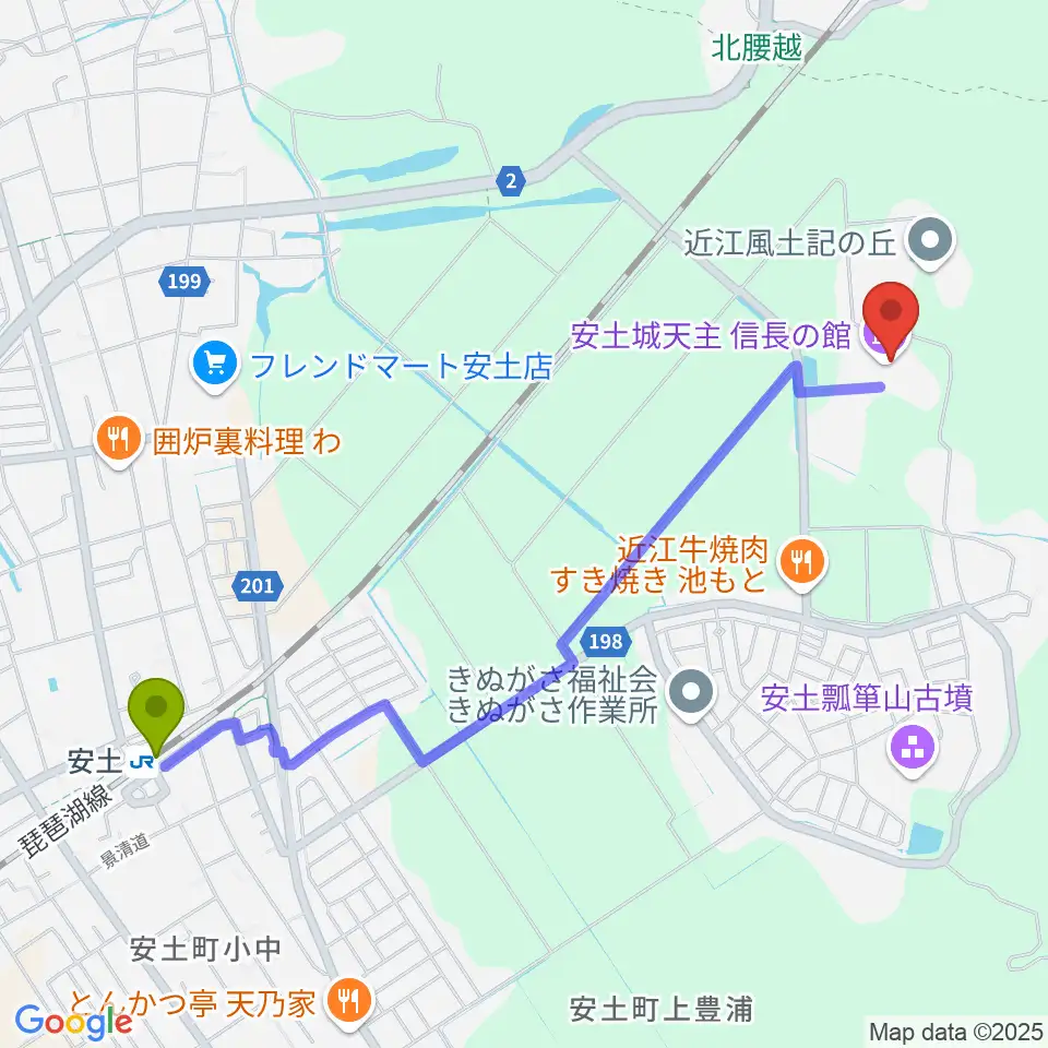 安土城天主信長の館の最寄駅安土駅からの徒歩ルート（約25分）地図