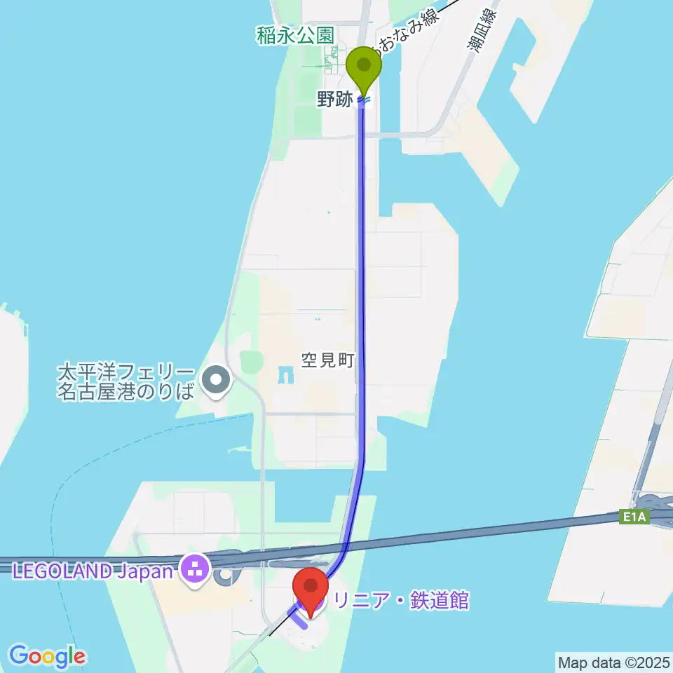 野跡駅からリニア・鉄道館へのルートマップ地図