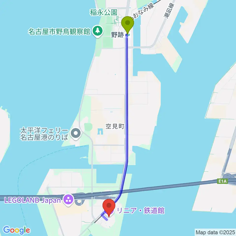 野跡駅からリニア・鉄道館へのルートマップ地図