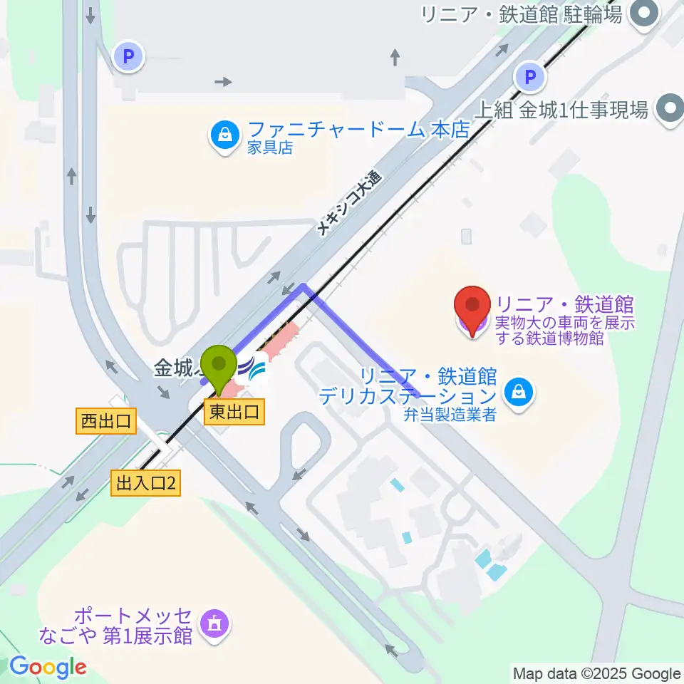 リニア・鉄道館の最寄駅金城ふ頭駅からの徒歩ルート（約3分）地図