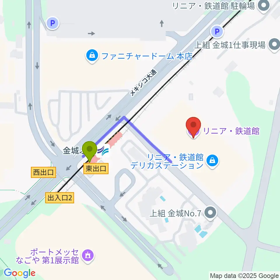 リニア・鉄道館の最寄駅金城ふ頭駅からの徒歩ルート（約3分）地図