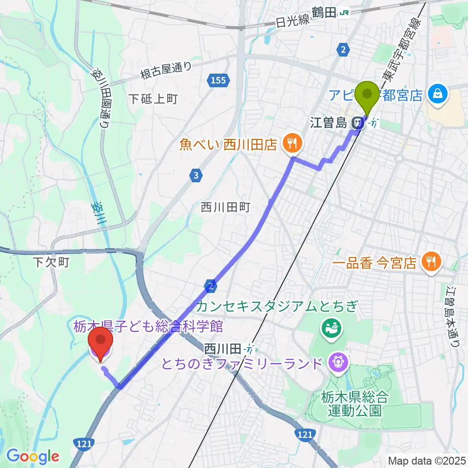 江曽島駅からコジマ子どもサイエンスパークへのルートマップ地図