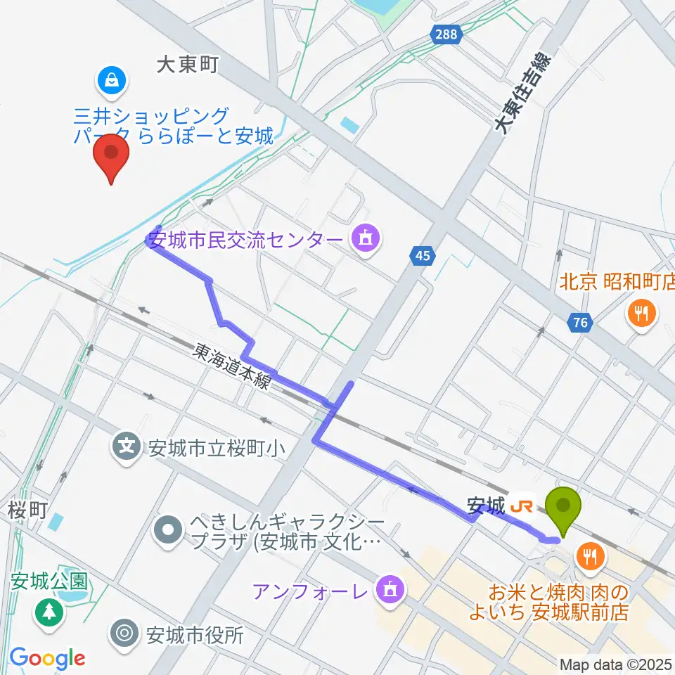 シネマワールドららぽーと安城の最寄駅安城駅からの徒歩ルート（約13分）地図