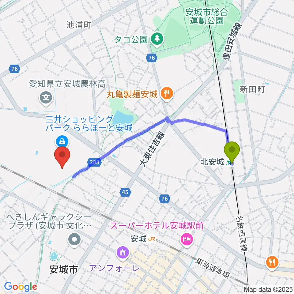 北安城駅からシネマワールドららぽーと安城へのルートマップ地図