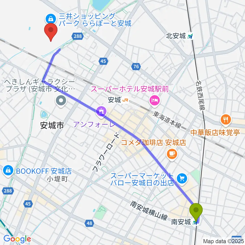 南安城駅からシネマワールドららぽーと安城へのルートマップ地図