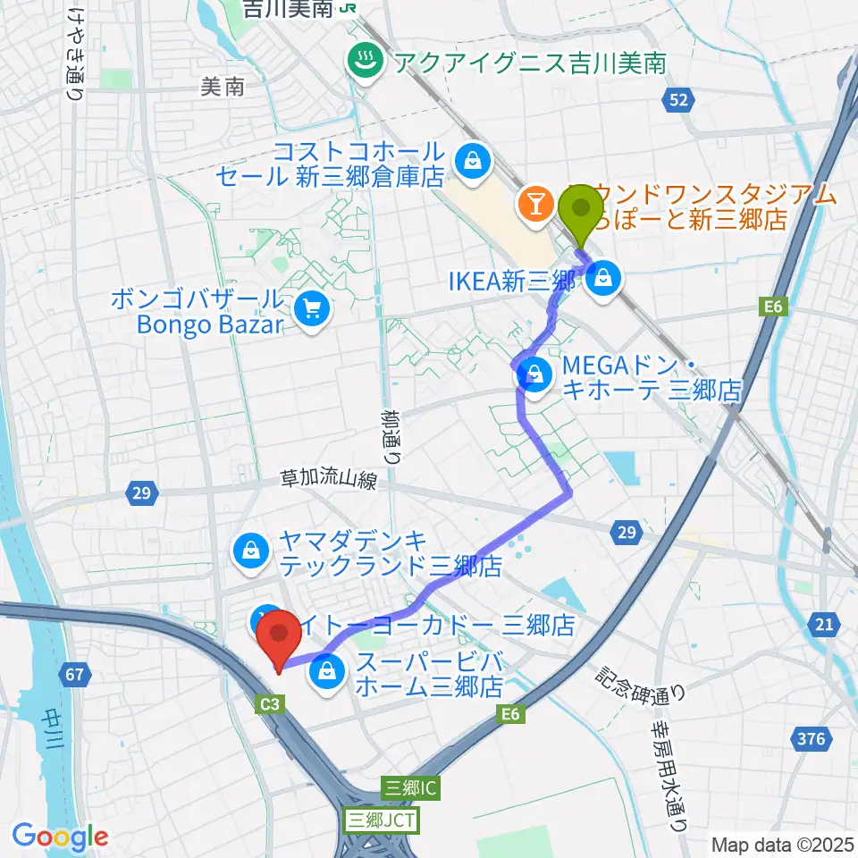 シネマサンシャイン三郷の最寄駅新三郷駅からの徒歩ルート（約38分）地図