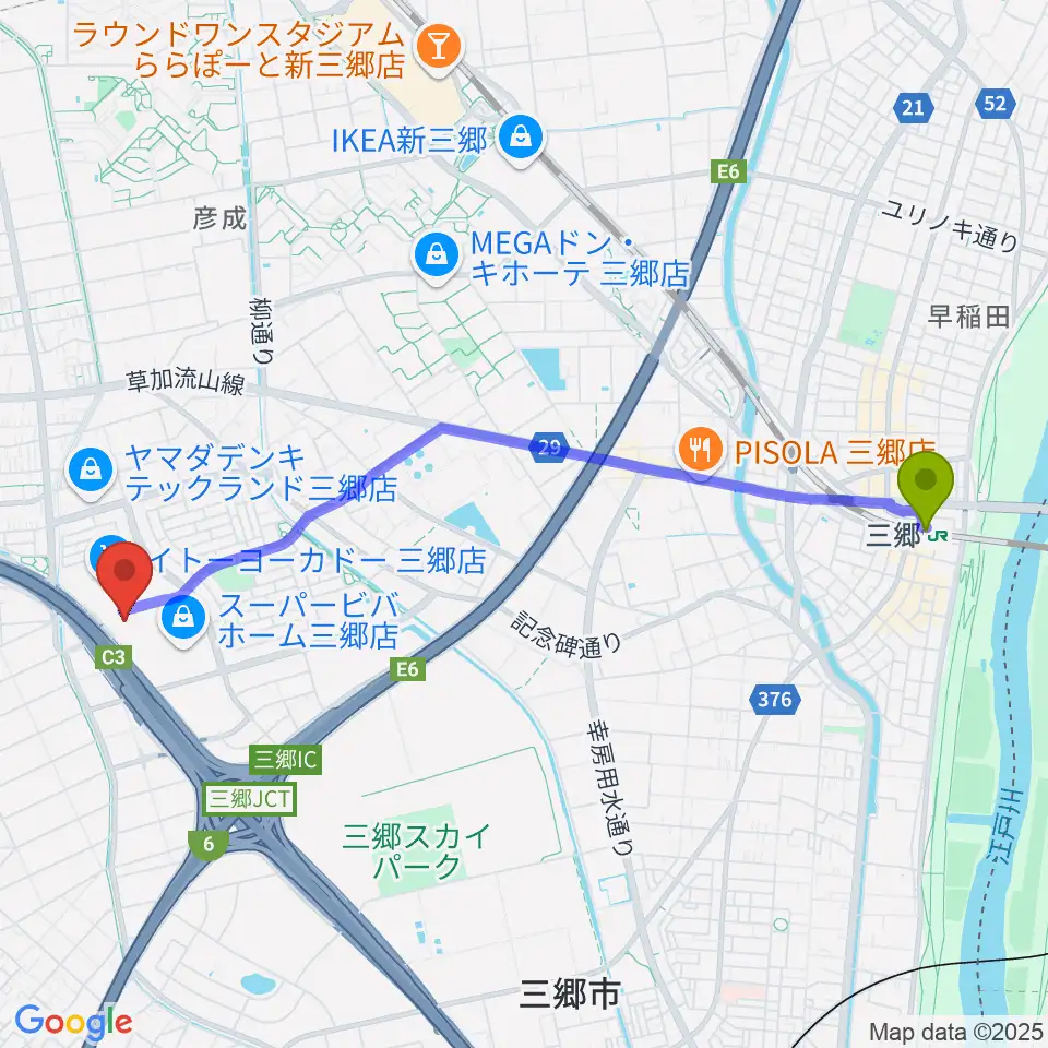 三郷駅からシネマサンシャイン三郷へのルートマップ地図