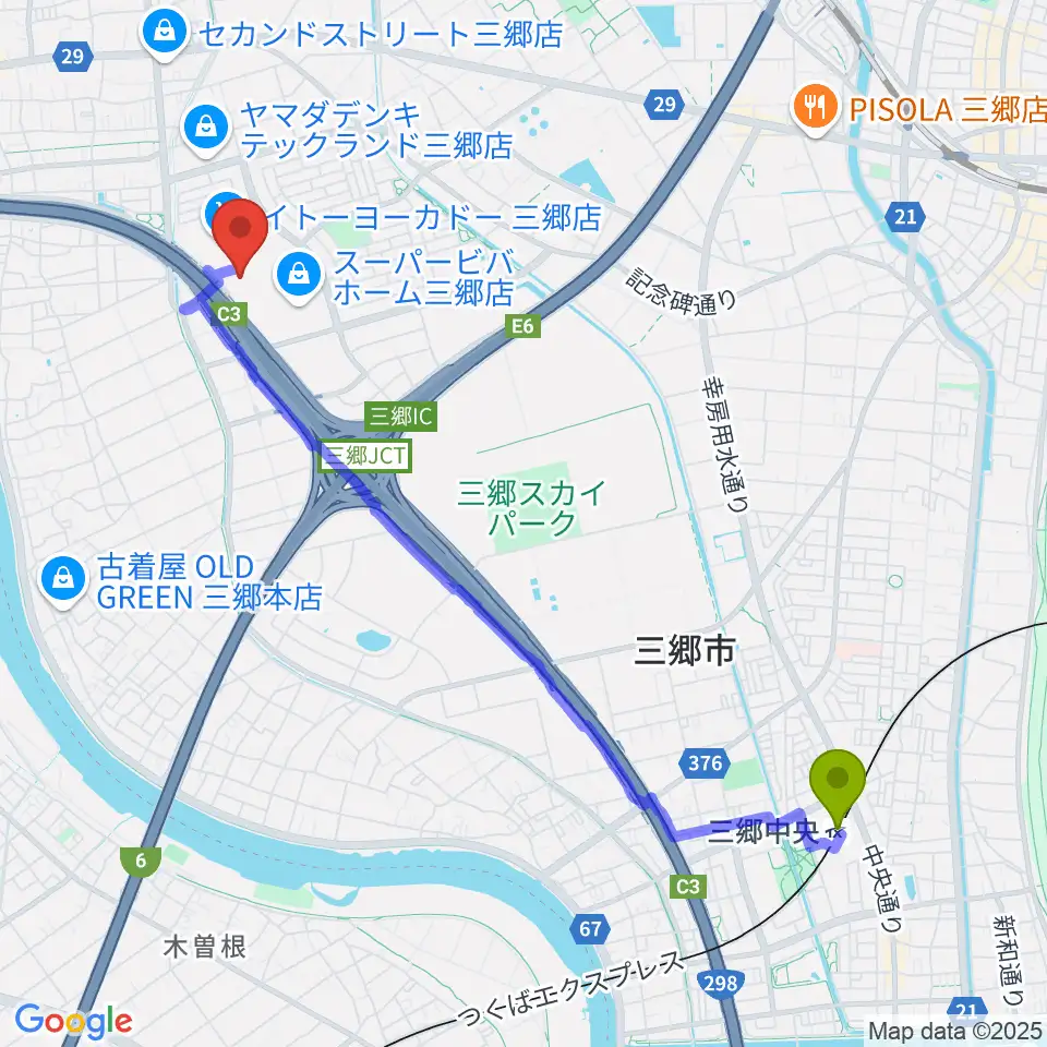 三郷中央駅からシネマサンシャイン三郷へのルートマップ地図