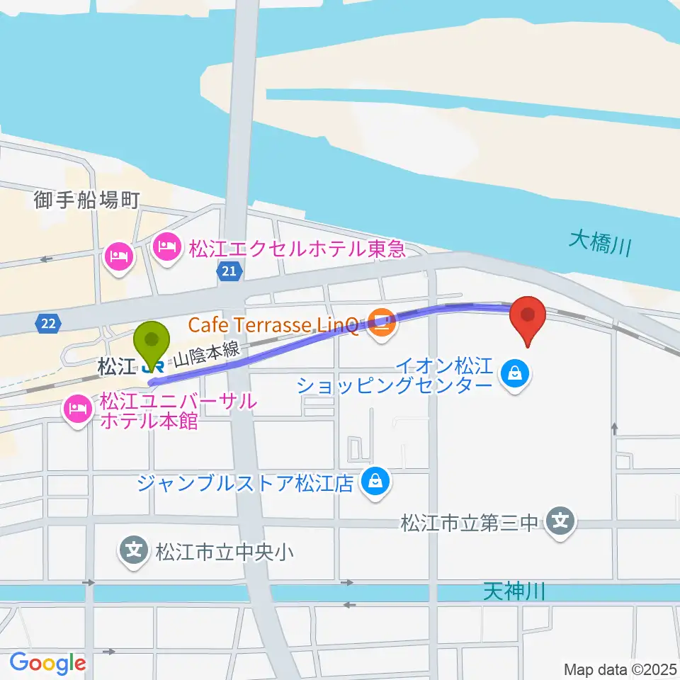 イオンシネマ松江の最寄駅松江駅からの徒歩ルート（約9分）地図