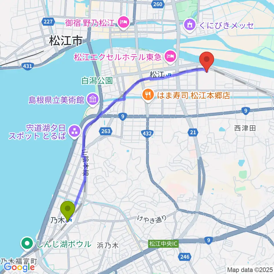 乃木駅からイオンシネマ松江へのルートマップ地図