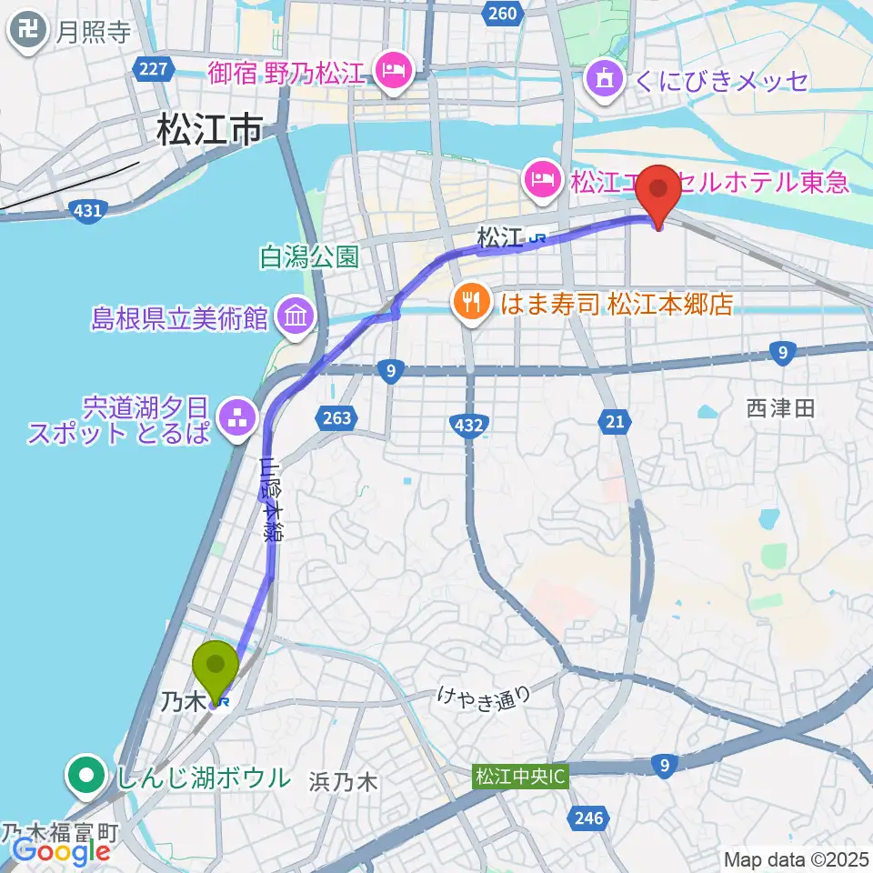 乃木駅からイオンシネマ松江へのルートマップ地図