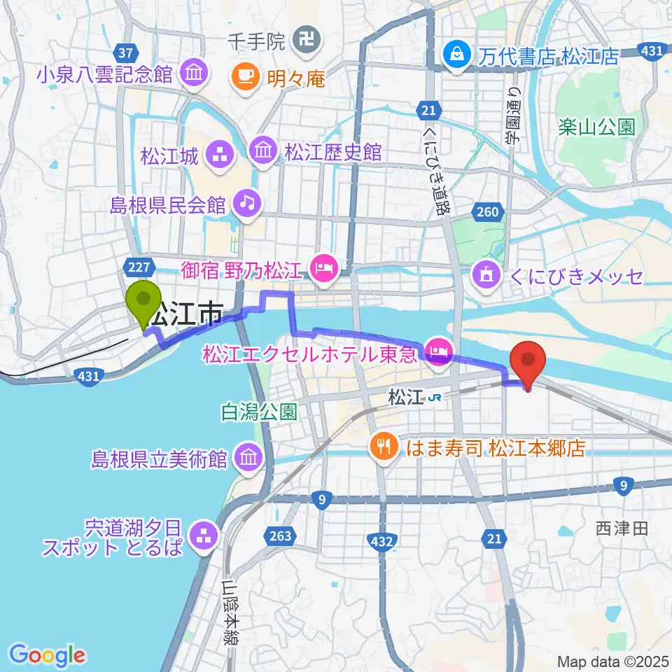 松江しんじ湖温泉駅からイオンシネマ松江へのルートマップ地図