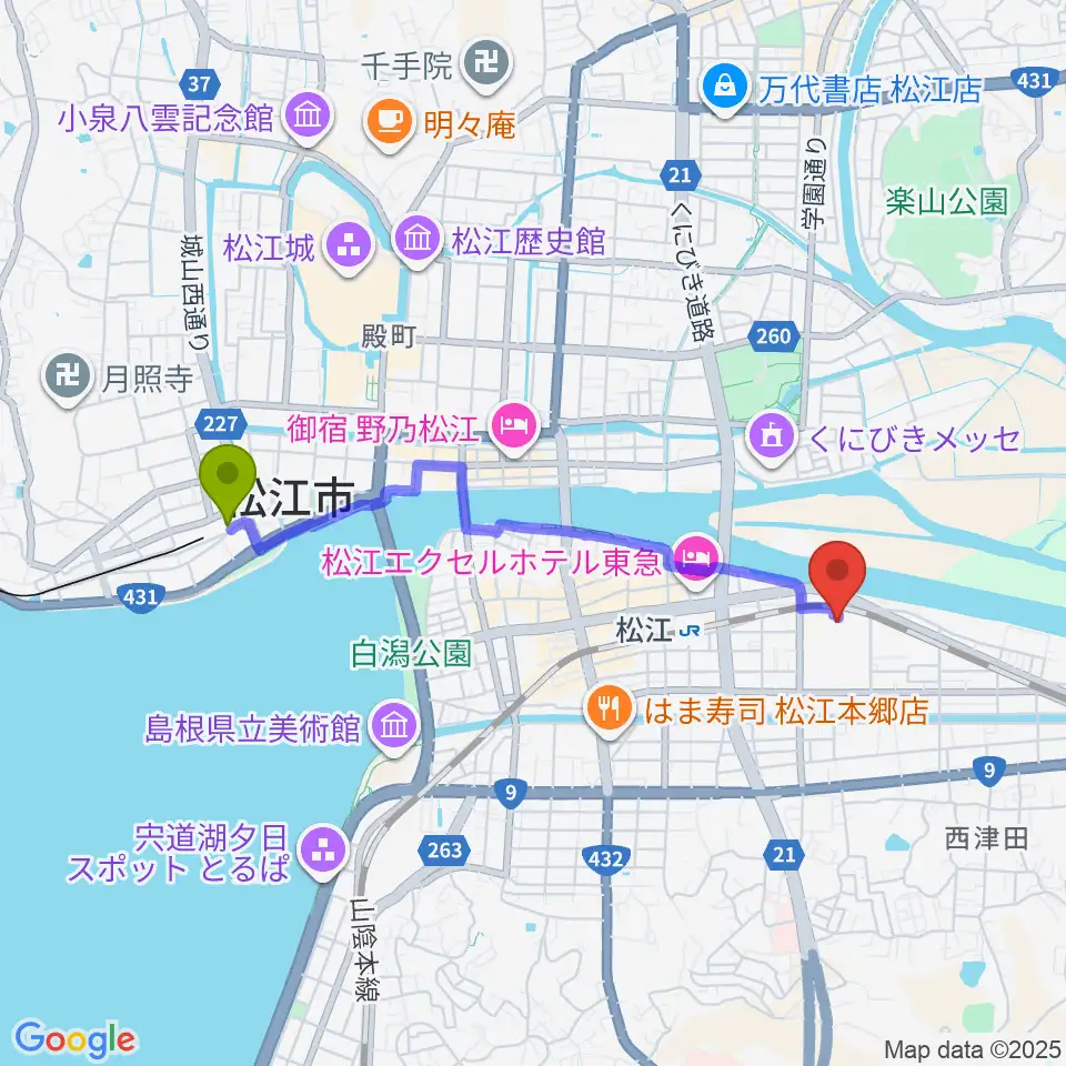 松江しんじ湖温泉駅からイオンシネマ松江へのルートマップ地図