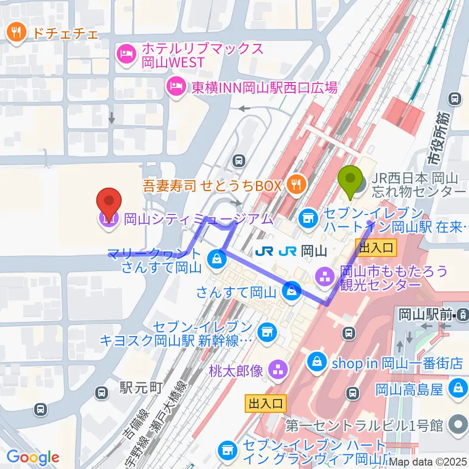 岡山シティミュージアムの最寄駅岡山駅からの徒歩ルート（約4分）地図