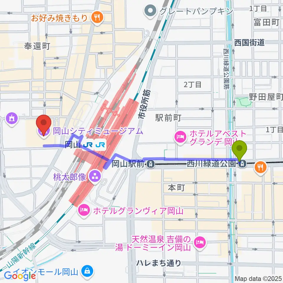 西川緑道公園駅から岡山シティミュージアムへのルートマップ地図