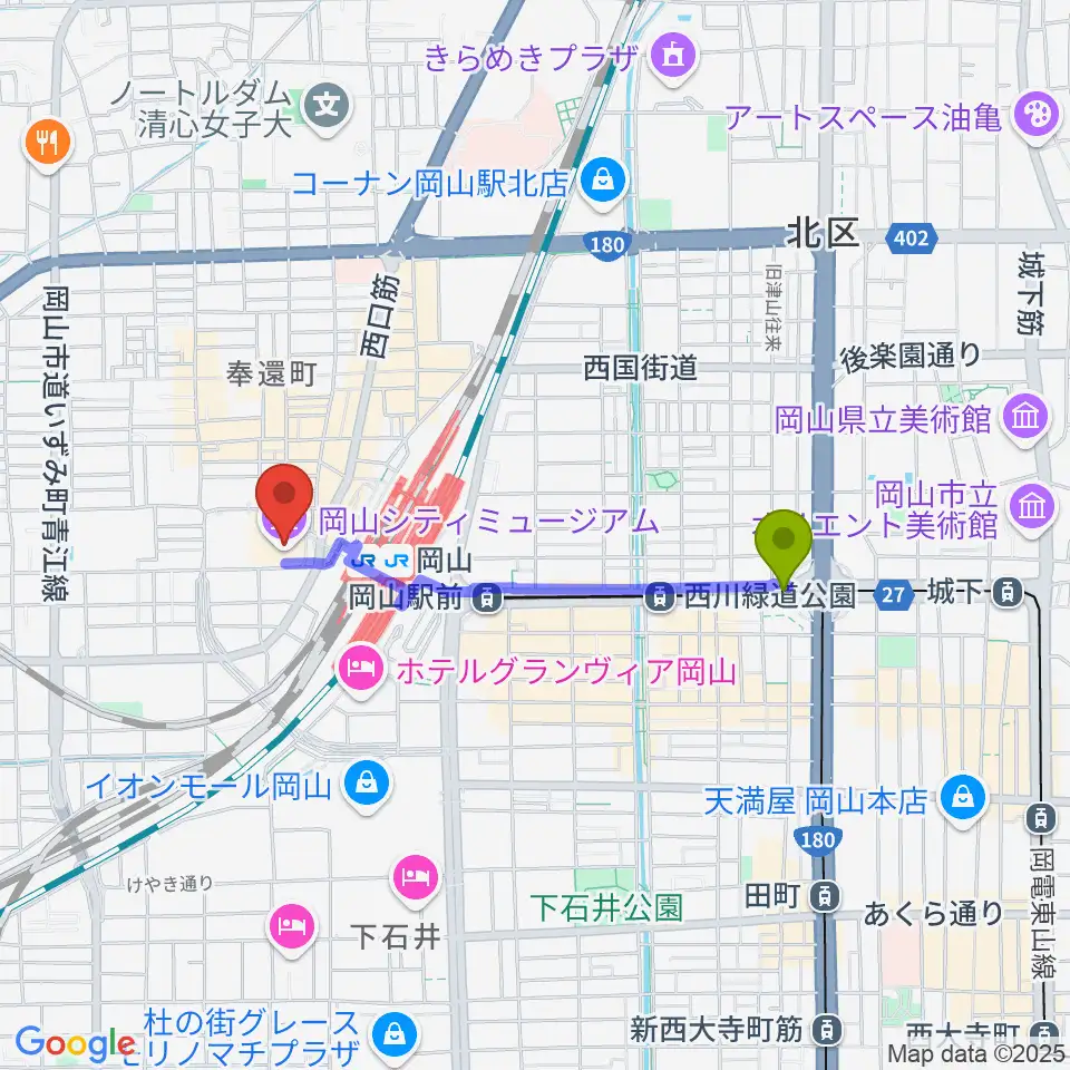 柳川駅から岡山シティミュージアムへのルートマップ地図