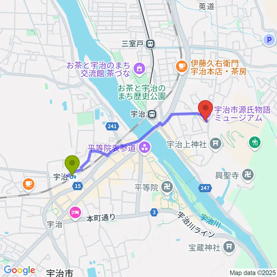 宇治駅から宇治市源氏物語ミュージアムへのルートマップ地図