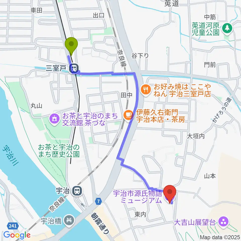 三室戸駅から宇治市源氏物語ミュージアムへのルートマップ地図