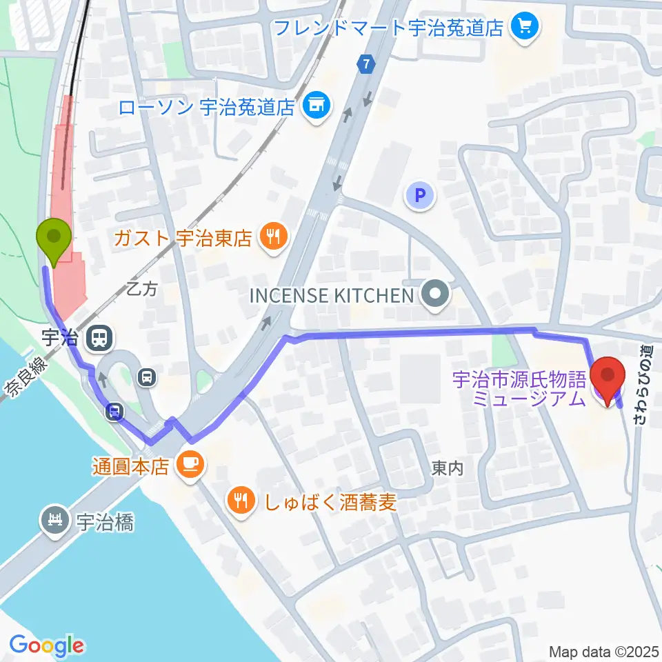 宇治市源氏物語ミュージアムの最寄駅宇治駅からの徒歩ルート（約7分）地図