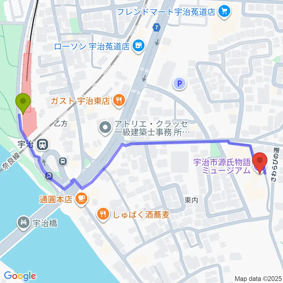 宇治市源氏物語ミュージアムの最寄駅宇治駅からの徒歩ルート（約7分）地図