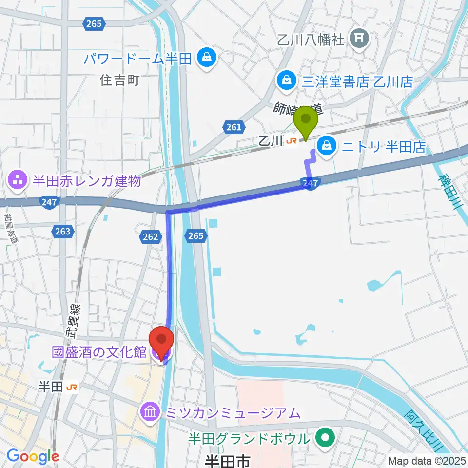 乙川駅から國盛 酒の文化館へのルートマップ地図