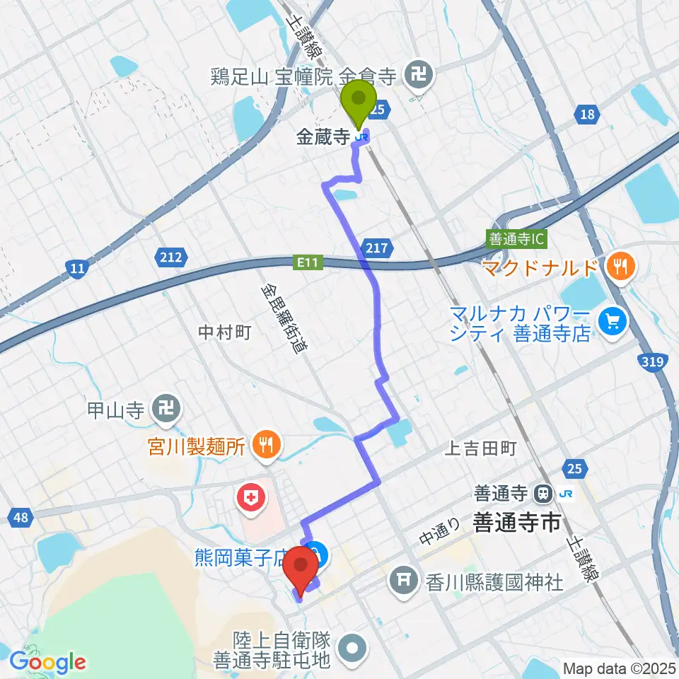 金蔵寺駅から善通寺宝物館へのルートマップ地図