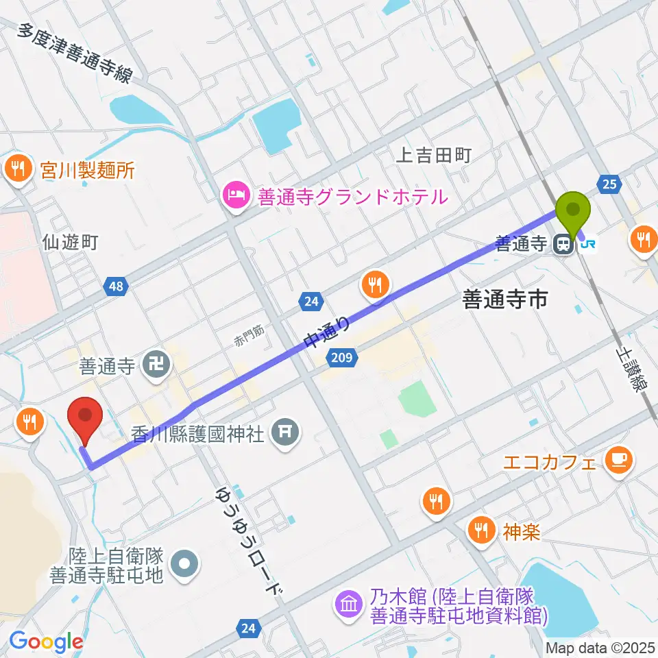 善通寺宝物館の最寄駅善通寺駅からの徒歩ルート（約25分）地図