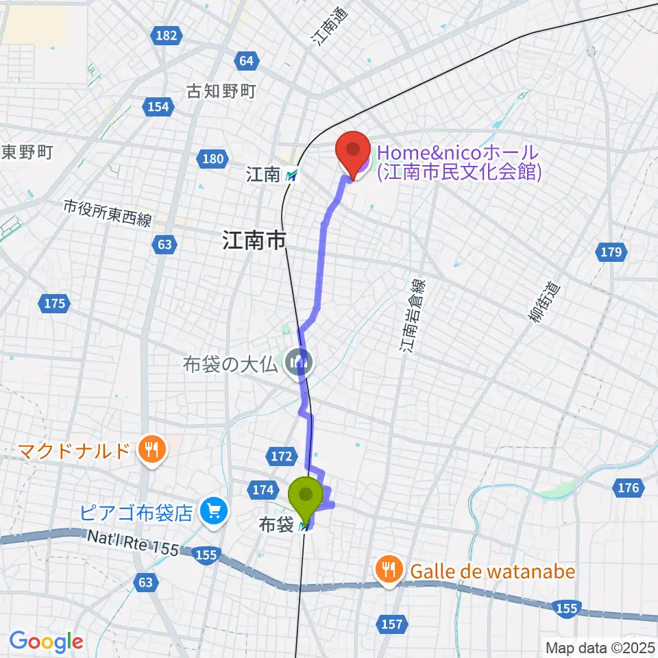 布袋駅から江南市歴史民俗資料館へのルートマップ地図