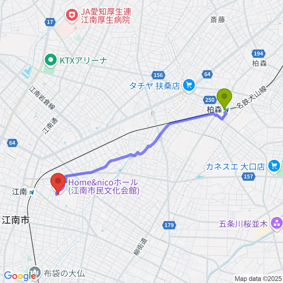 柏森駅から江南市歴史民俗資料館へのルートマップ地図
